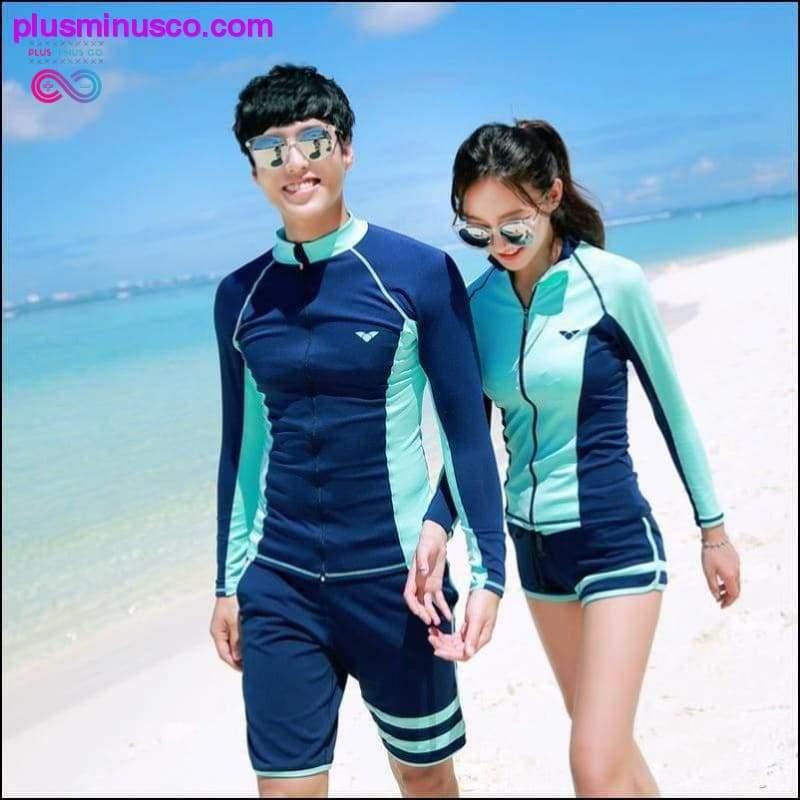 ملابس سباحة رياضية نسائية 5 قطع + رجالية 3 قطع بأكمام طويلة - plusminusco.com