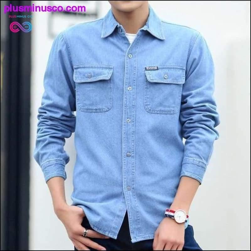 Pavasara rudens džinsu krekls vīriešu garām piedurknēm, zils sauļošanās līdzeklis - plusminusco.com