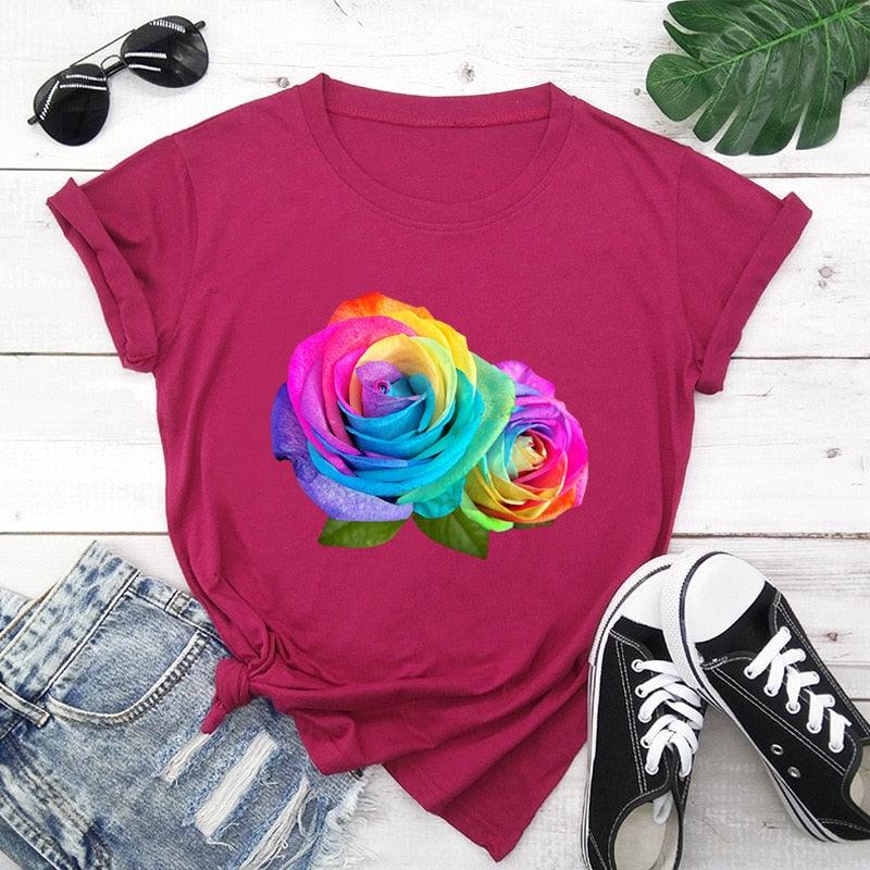Summer Cotton Women T Shirt 5XL Plus Size Colorful Flower Print Short Sleeve Women Tees Shirt Top Casual O-Neck Female TShirt - plusminusco.com