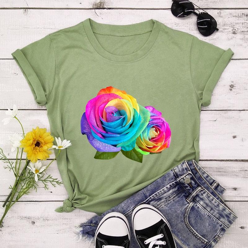 Summer Cotton Women T Shirt 5XL Plus Size Colorful Flower Print Short Sleeve Women Tees Shirt Top Casual O-Neck Female TShirt - plusminusco.com