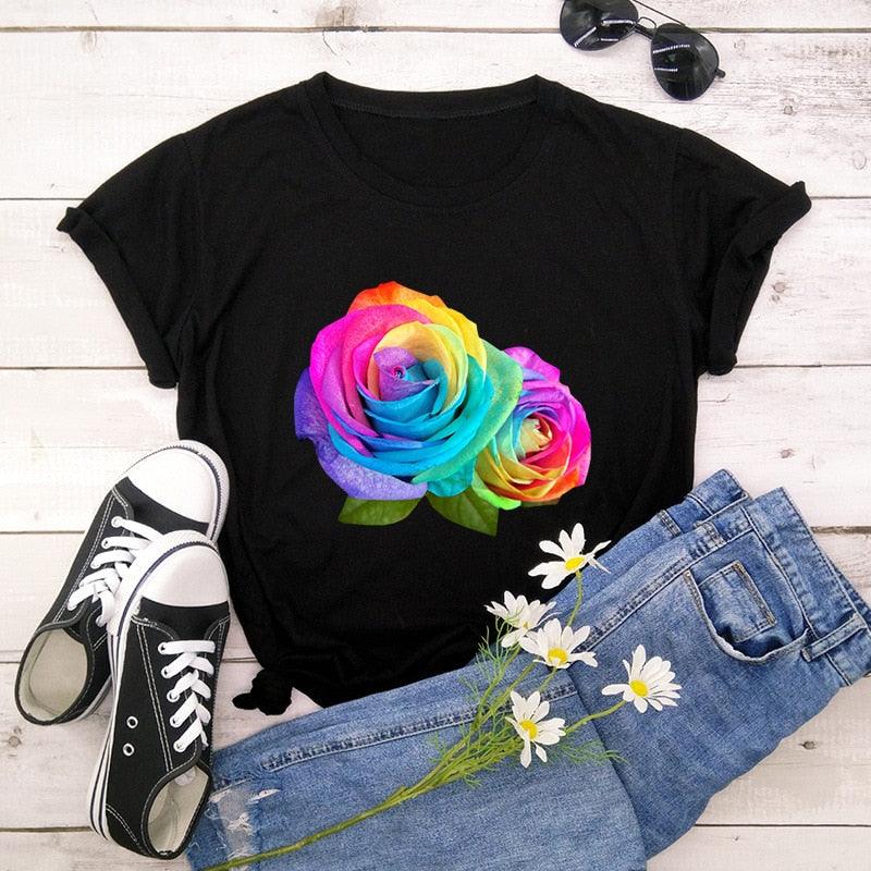 Summer Cotton Women T Shirt 5XL Plus Size Colorful Flower Print Short Sleeve Women Tees Shirt Top Casual O-Neck Female TShirt - plusminusco.com