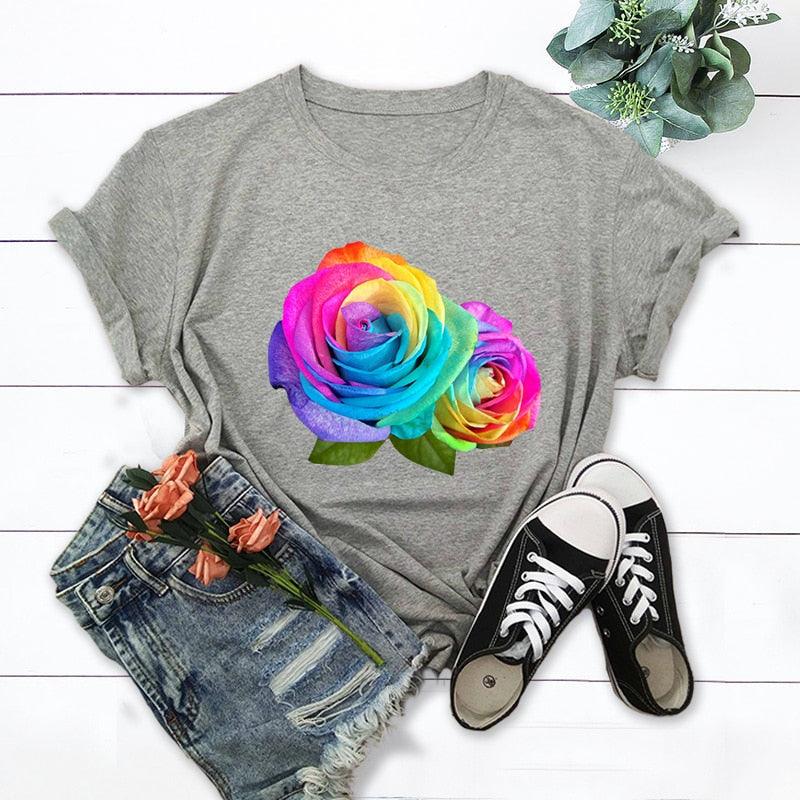 Summer Cotton Women T Shirt 5XL Plus Size Colorful Flower Print Short Sleeve Women Tees Shirt Top Casual O-Neck Female TShirt - plusminusco.com