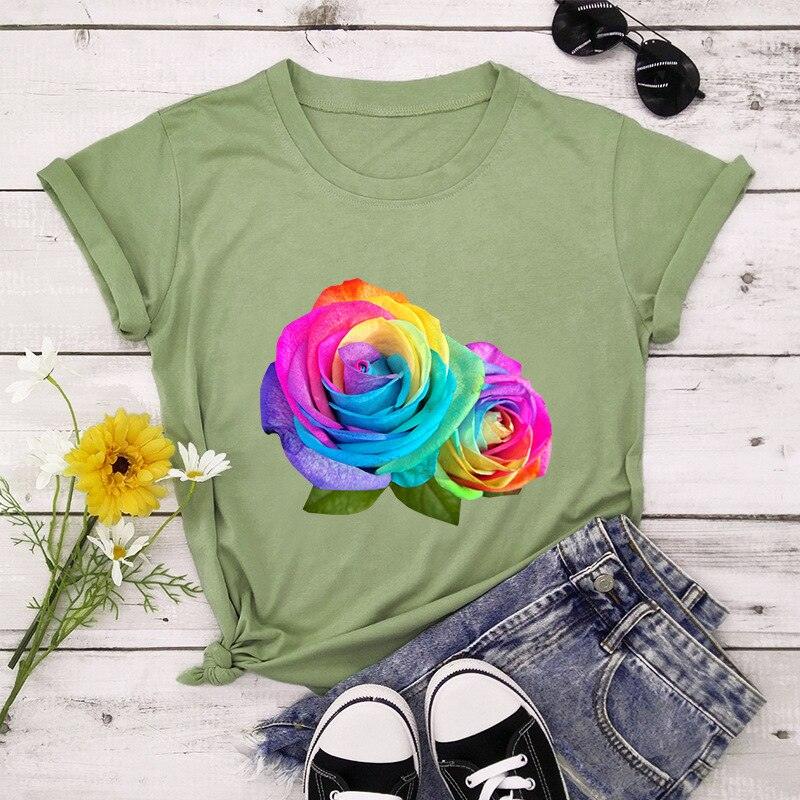 Summer Cotton Women T Shirt 5XL Plus Size Colorful Flower Print Short Sleeve Women Tees Shirt Top Casual O-Neck Female TShirt - plusminusco.com