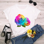 Yaz Pamuk Kadın T Shirt 5XL Artı Boyutu Renkli Çiçek Baskı Kısa Kollu Kadın Tees Gömlek Üst Rahat O-Boyun Kadın TShirt - plusminusco.com
