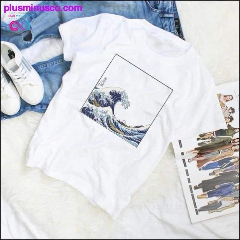 Yaz Kadın Dalgalı Japon Desenli Eğlenceli Kısa Kollu T-shirt - plusminusco.com