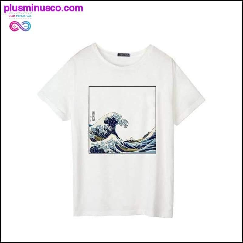 تي شيرت نسائي صيفي مطبوع عليه موجة يابانية بأكمام قصيرة - plusminusco.com