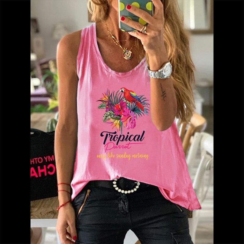 Summer Graphic Women 100% Cotton Sleeveless Vests Female Casual Waistcoats Parrot Floral Print Ladies Regular Camisole Tank Tops - plusminusco.com
