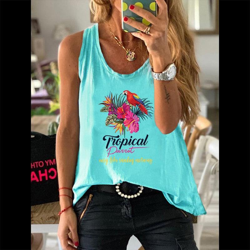 Summer Graphic Women 100% Cotton Sleeveless Vests Female Casual Waistcoats Parrot Floral Print Ladies Regular Camisole Tank Tops - plusminusco.com