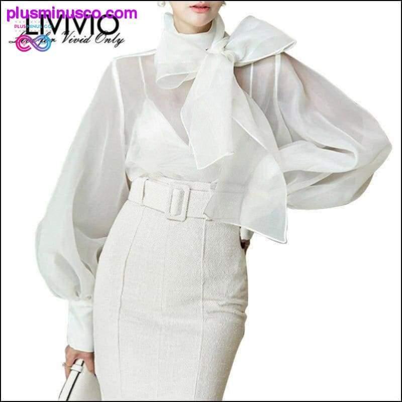 Летняя белая празрыстая блузка з доўгімі рукавамі-ліхтарыкамі і бантам - plusminusco.com
