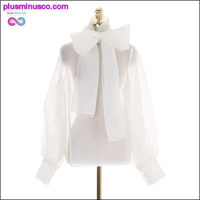 Summer Long Lantern Sleeve Bow White Sheer Blouse Women - plusminusco.com