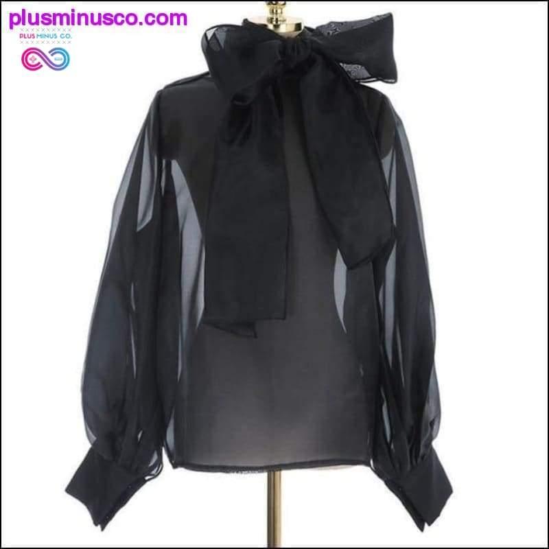 Summer Long Lantern Sleeve Bow White Sheer Blouse Women - plusminusco.com