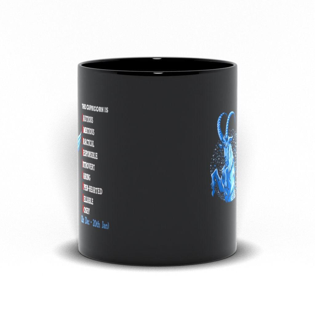 The Capricorn, Capricorn  Is Cautious, Ambitious, Practical, Responsible, Introvert, Caring, Open-Hearted, Reliable, And Nosey Black Mugs - plusminusco.com