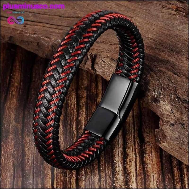 Trendy Men Jewelry Red Braided Leather Rope Bracelet Black - plusminusco.com