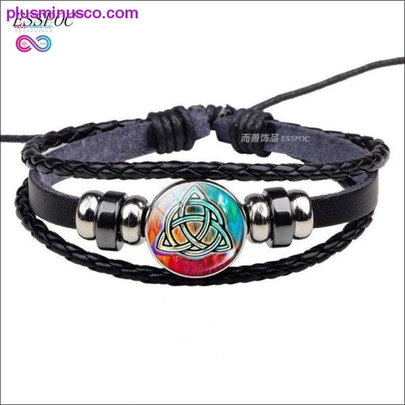 Triquetra Glass Cabochon Dome Leather Button Woven Bracelet - plusminusco.com