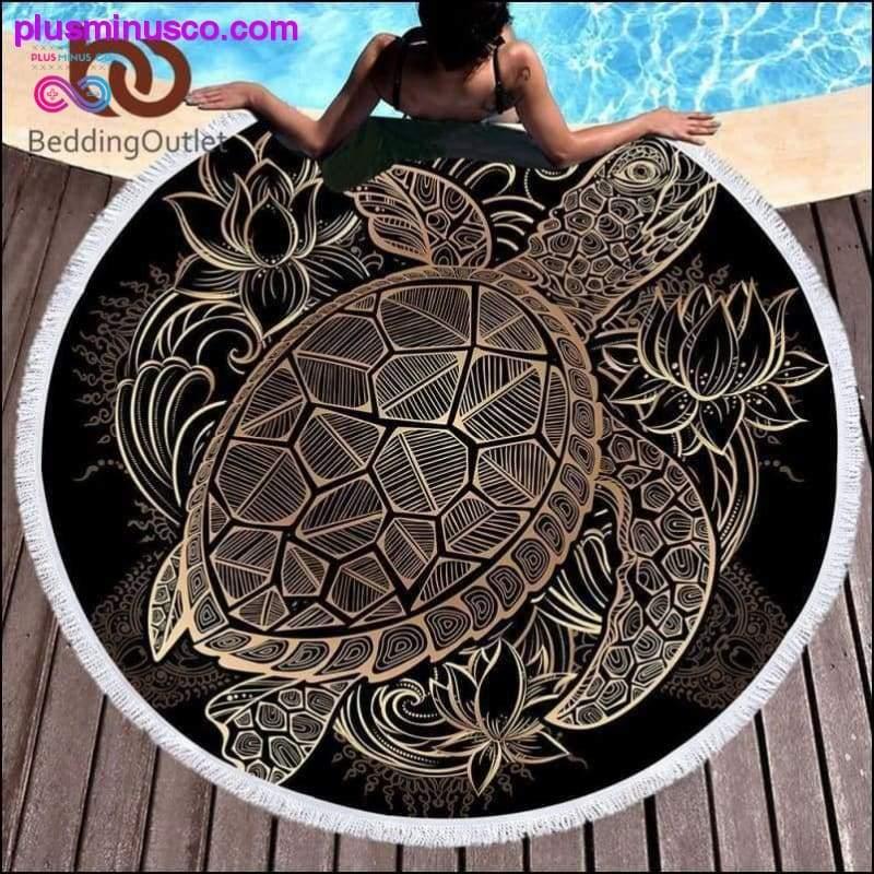 Кръгла плажна кърпа с бохемски пискюл с цветя Turtles - plusminusco.com