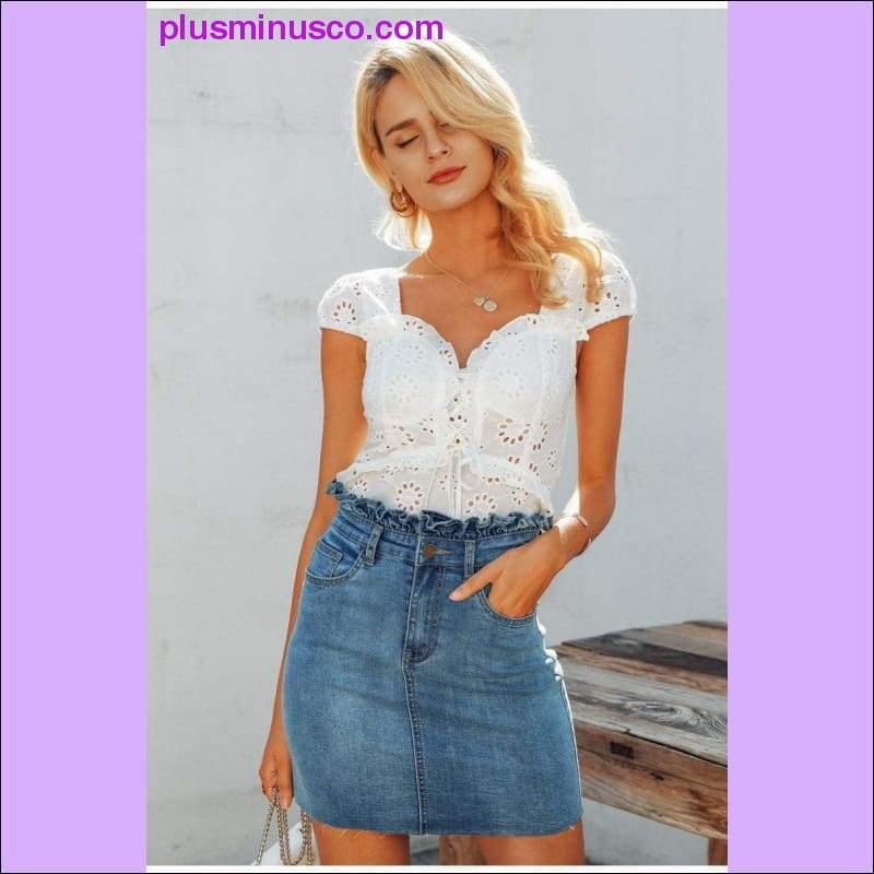 V-neck women blouse ruffled Elastic high waist hollow out lace blouse tops Back lace up peplum white - plusminusco.com