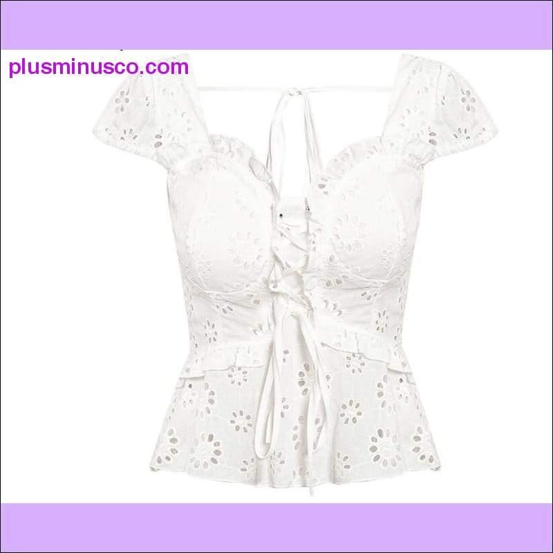V-neck women blouse ruffled Elastic high waist hollow out lace blouse tops Back lace up peplum white - plusminusco.com