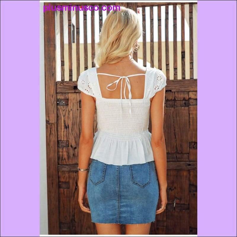 V-neck women blouse ruffled Elastic high waist hollow out lace blouse tops Back lace up peplum white - plusminusco.com