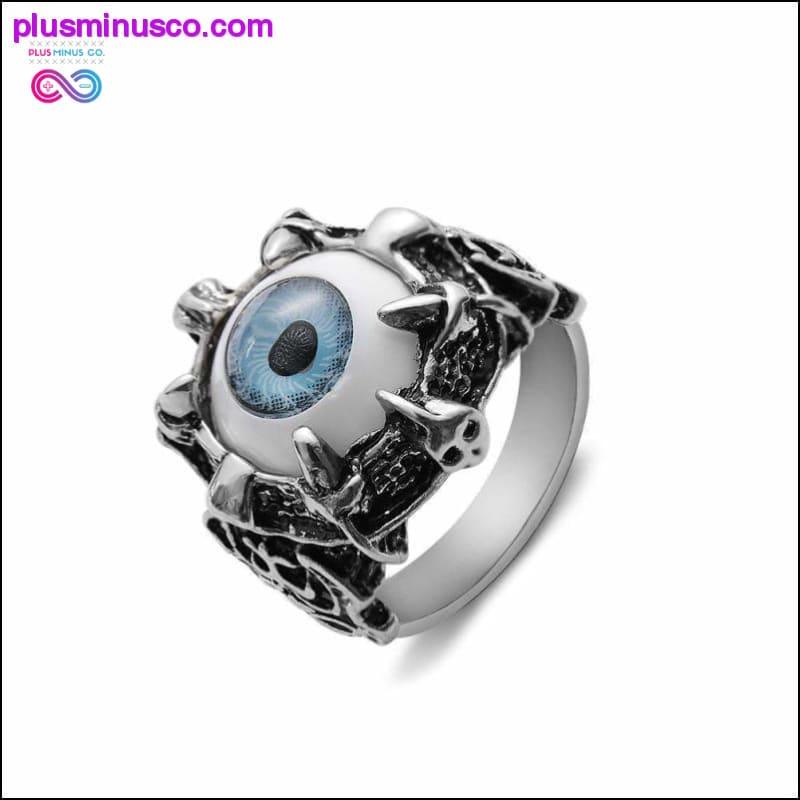 Винтидж пръстен от неръждаема стомана със син нокът на дракон и череп с зло око - plusminusco.com