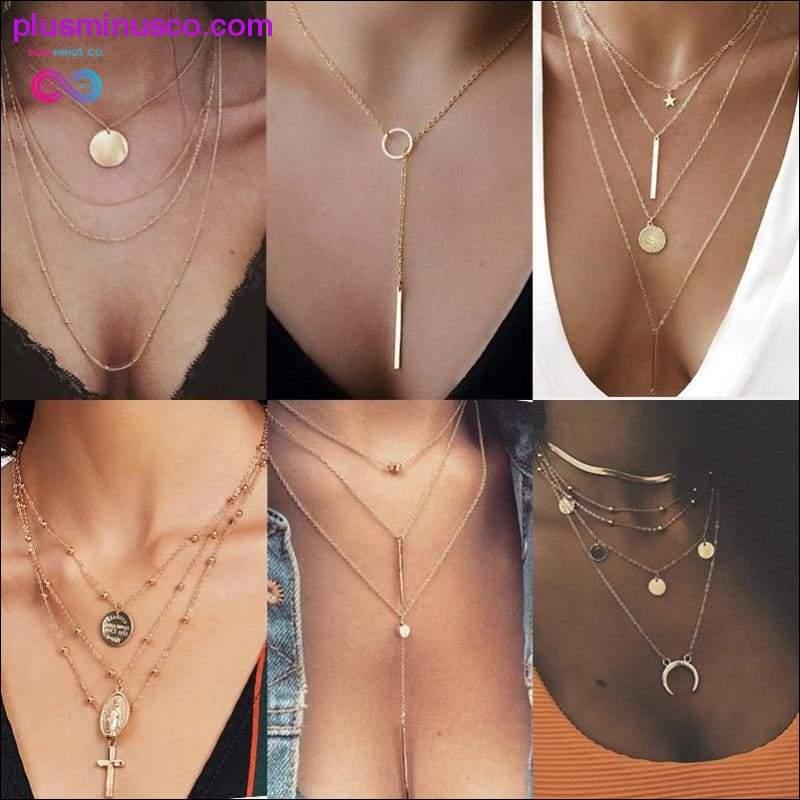 Vintage Halskette mit mehrschichtigem Kristallanhänger für Damen in Goldfarbe - plusminusco.com