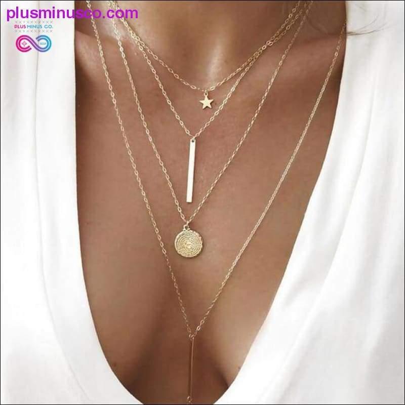 Vintage Halskette mit mehrschichtigem Kristallanhänger für Damen in Goldfarbe - plusminusco.com