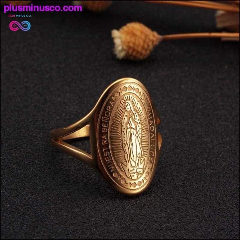 Złote pierścionki religijne w stylu vintage z Maryją Panną - plusminusco.com