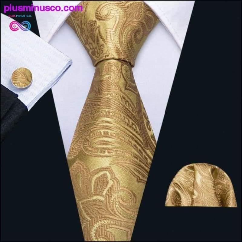 ربطة عنق زفاف من الحرير بيزلي ذهبي مجموعة منديل مقاس 8.5 سم - plusminusco.com