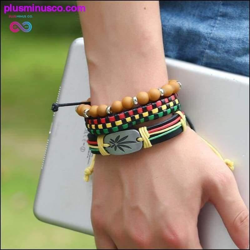 Коричневий плетений шкіряний браслет ручної роботи з бісером Weed - plusminusco.com