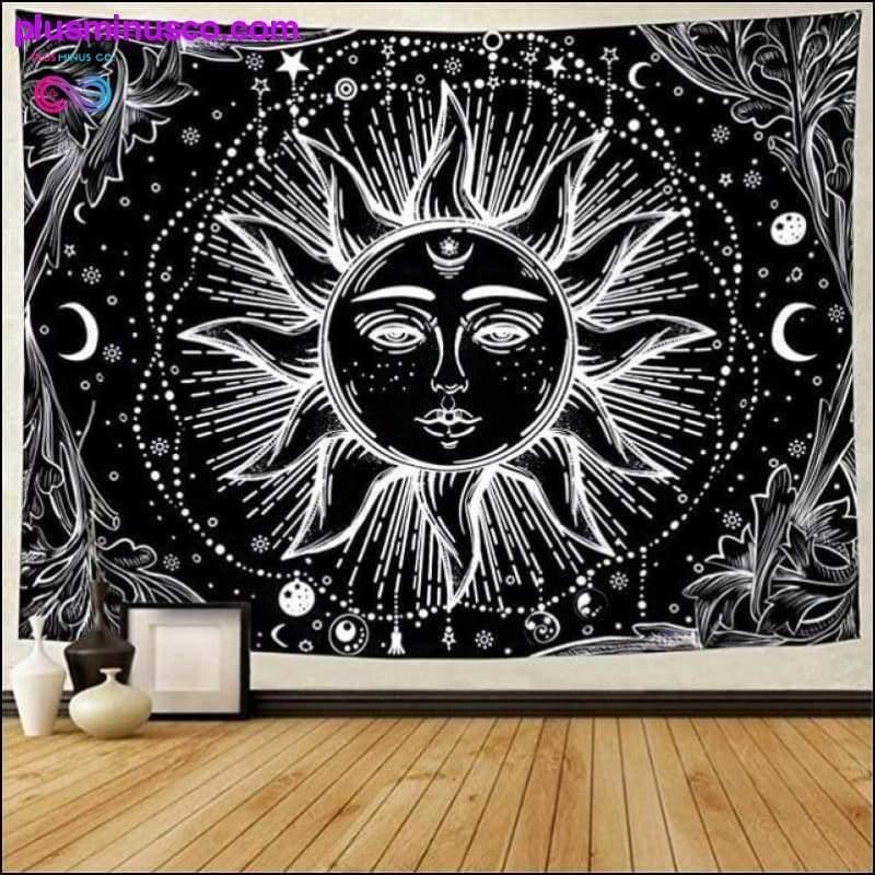 Tapiz de mandala blanco y negro con diseño de sol y luna, celestial - plusminusco.com