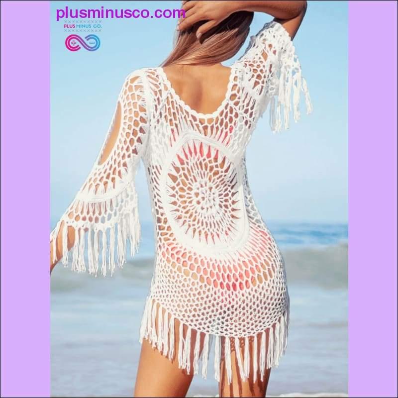 Bikini de crochet blanco con ribete de flecos para mujer sexy - plusminusco.com