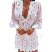 Fehér, elegáns ruhák Szexi V nyakú csipkeruha, hosszú, felfújt ujjú pillangós ruha nőknek - plusminusco.com