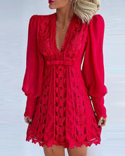 화이트 우아한 드레스 여성을위한 섹시한 V 넥 레이스 드레스 긴 퍼프 슬리브 나비 드레스 - plusminusco.com