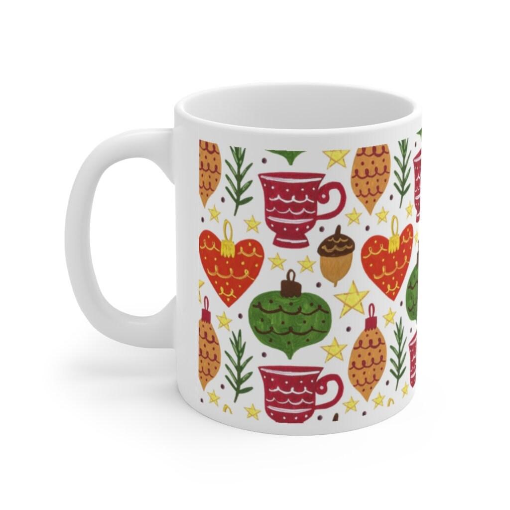 Winter Ceramic Mug, Christmas Coffee Mug, Winter Floral Mug, Christmas Gift For Her, Winter Christmas Tea Cup, Christmas Tree Ornaments Mug - plusminusco.com