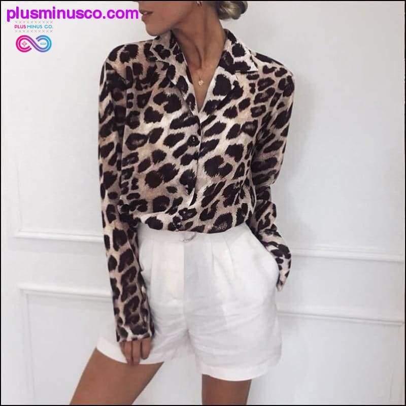Women Casual Leopard Printed Chiffon Blouse Long Sleeve Turn - plusminusco.com