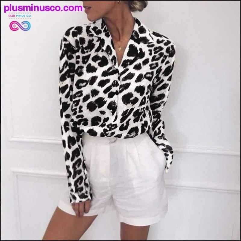 Women Casual Leopard Printed Chiffon Blouse Long Sleeve Turn - plusminusco.com