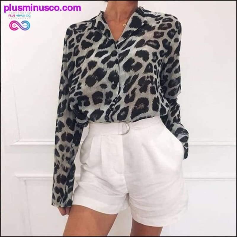 Women Casual Leopard Printed Chiffon Blouse Long Sleeve Turn - plusminusco.com