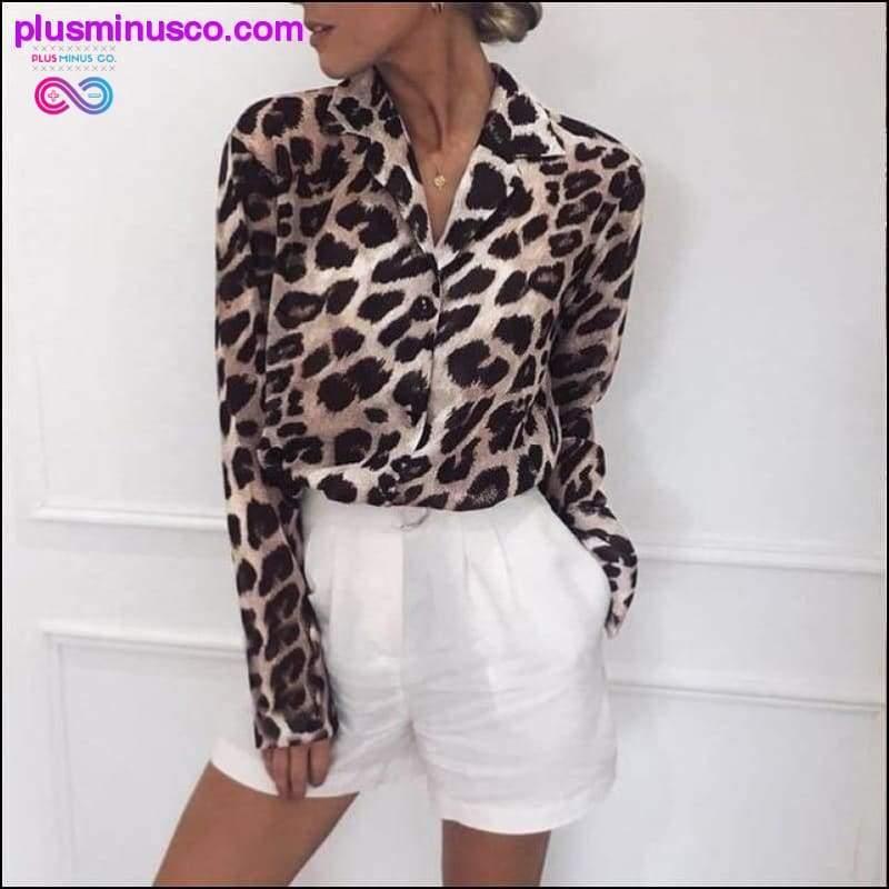 Women Casual Leopard Printed Chiffon Blouse Long Sleeve Turn - plusminusco.com