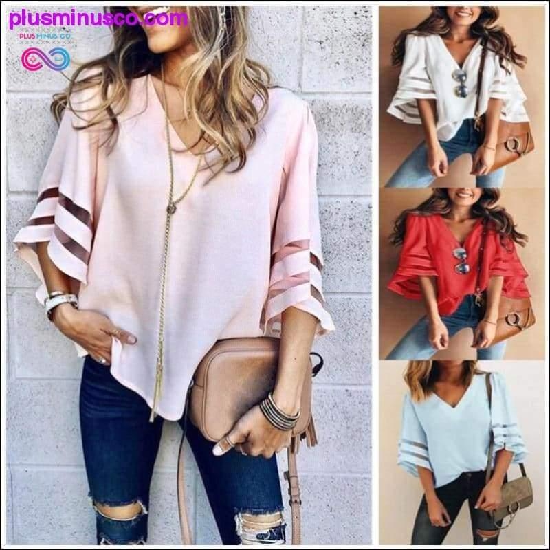 Women Casual Loose V Neck Kimono Chiffon Blouse Lady Summer - plusminusco.com