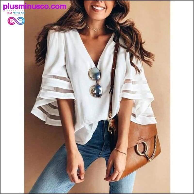 Women Casual Loose V Neck Kimono Chiffon Blouse Lady Summer - plusminusco.com
