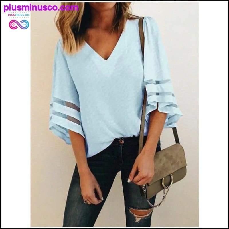 Women Casual Loose V Neck Kimono Chiffon Blouse Lady Summer - plusminusco.com