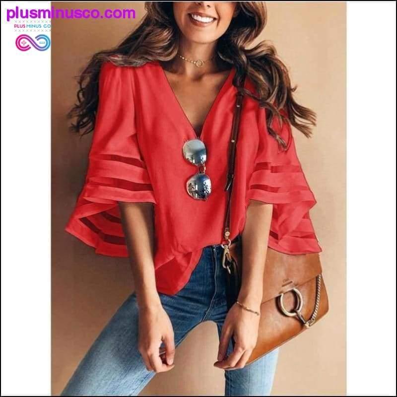 Women Casual Loose V Neck Kimono Chiffon Blouse Lady Summer - plusminusco.com