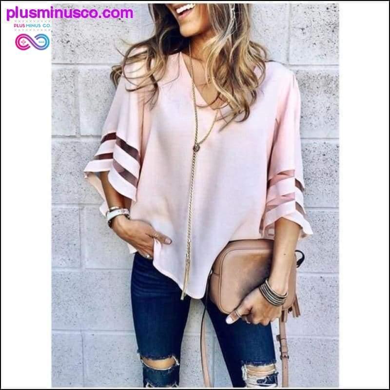 Women Casual Loose V Neck Kimono Chiffon Blouse Lady Summer - plusminusco.com