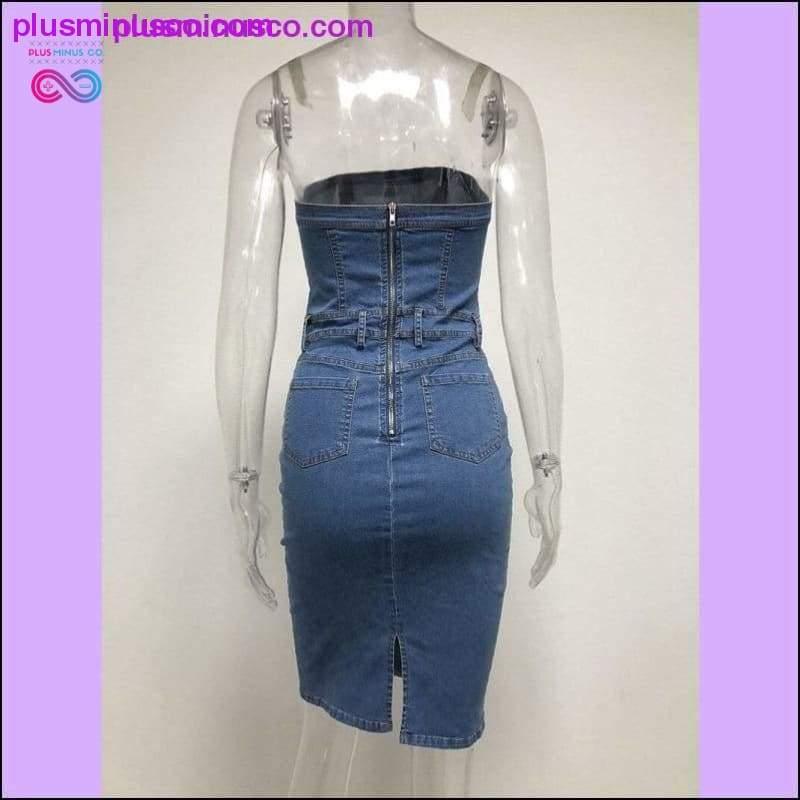 Dámské džínové šaty s šikmým krkem bez ramínek Elegantní bodycon šaty - plusminusco.com