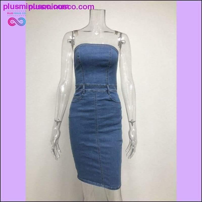 Жіноча джинсова сукня з косою шиєю, елегантна облягаюча сукня без бретелей - plusminusco.com