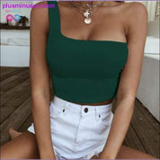 Women Lady Female One Shoulder Crop Tops Sleeveless T-Shirt - plusminusco.com