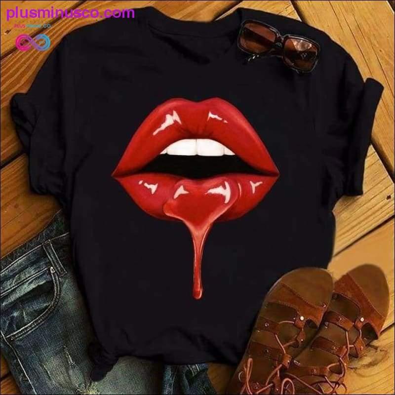 Women Lip Funny Printed Girl Black Tshirt Summer Cartoon - plusminusco.com
