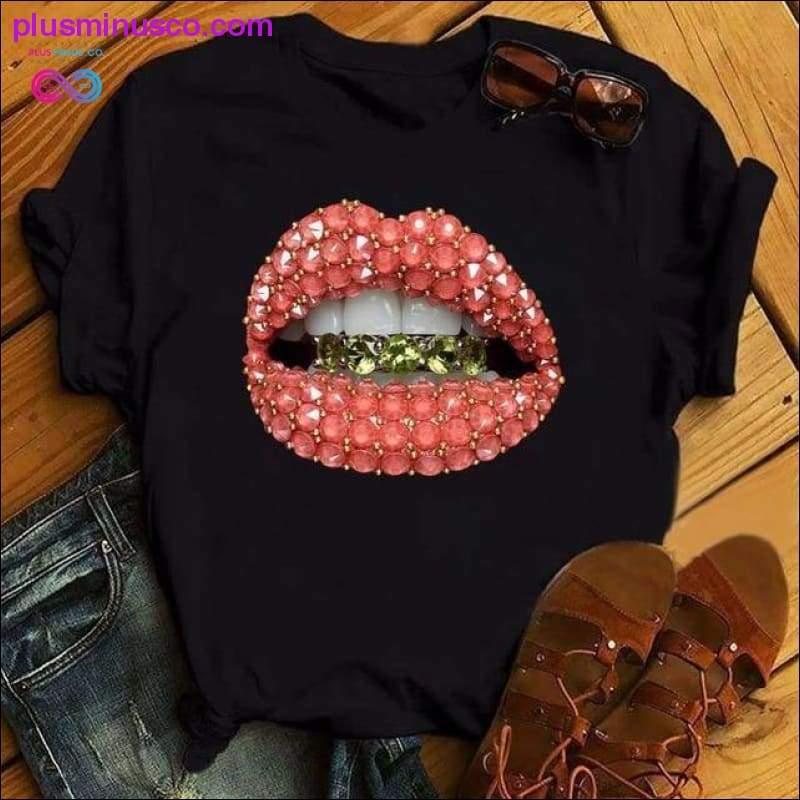 Women Lip Funny Printed Girl Black Tshirt Summer Cartoon - plusminusco.com