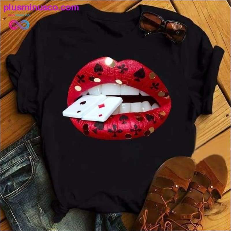 Women Lip Funny Printed Girl Black Tshirt Summer Cartoon - plusminusco.com