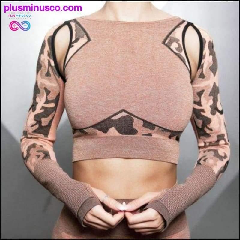 Camisas femininas sem costura camufladas para ioga esportiva de mangas compridas - plusminusco.com