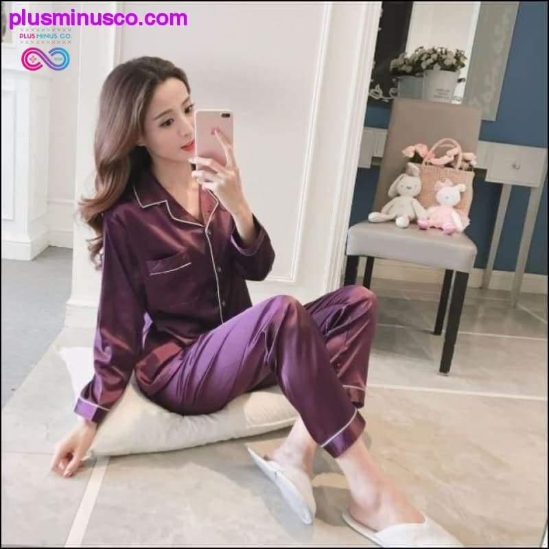 Kvinnors pyjamasset i siden satin med långärmad nattkläder - plusminusco.com